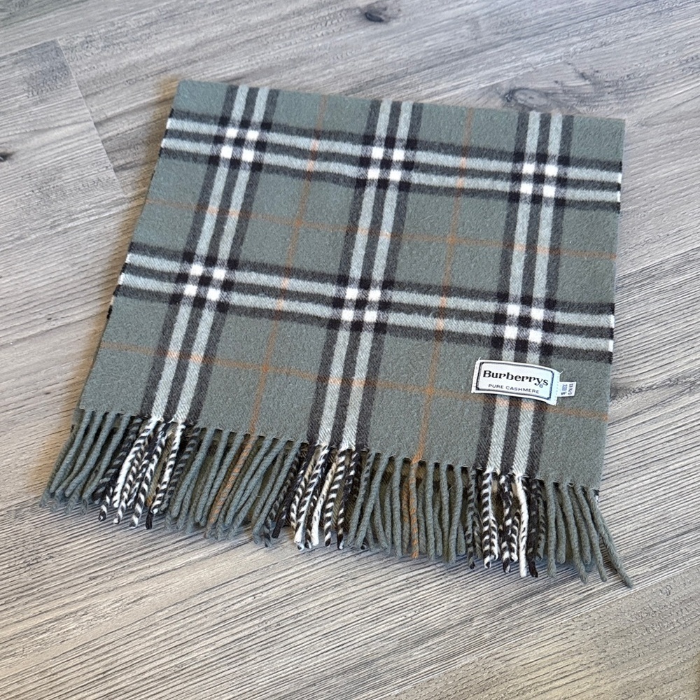 Vintage Burberrys light Olive and Orange Plaid Cashmere Scarf - Picture 10 of 10